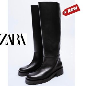Zara black flat leather knee high boots Sz 10 NEW
